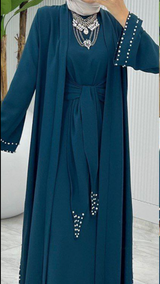 Pearl Tie Abaya Set (Dark Teal)