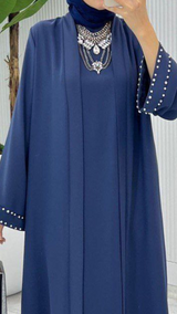 Pearl Tie Abaya Set (Dusky Blue)