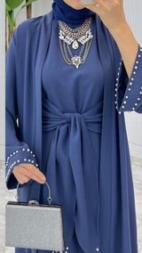 Pearl Tie Abaya Set (Dusky Blue)
