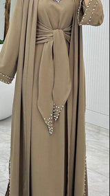 Pearl Tie Abaya Set (Taupe)