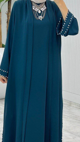 Pearl Tie Abaya Set (Dark Teal)