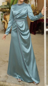 Embellished Satin Draped Dress (Icy Blue)