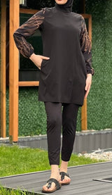 Abstract Print Burkini w Kimono (Black)