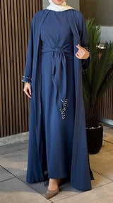 Pearl Tie Abaya Set (Dusky Blue)