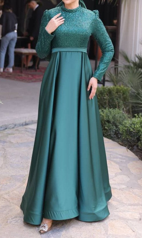 Satin Sequin Party Dress (Emerald)