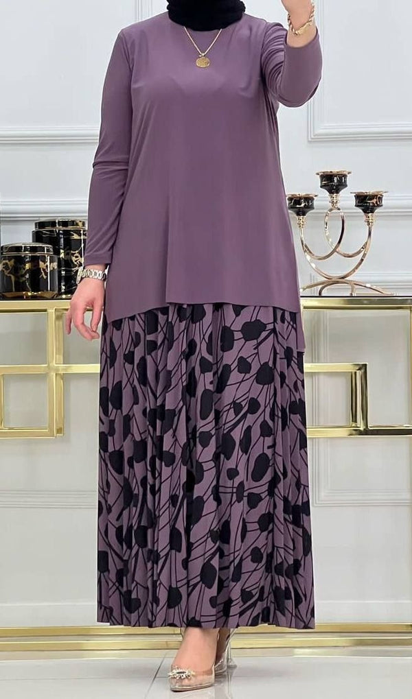 Printed Pleated Skirt Set (Lavender)