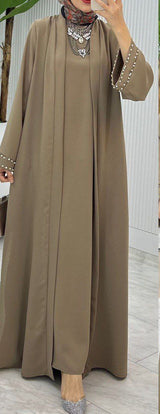 Pearl Tie Abaya Set (Taupe)