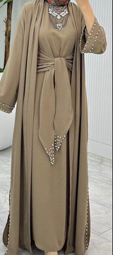 Pearl Tie Abaya Set (Taupe)
