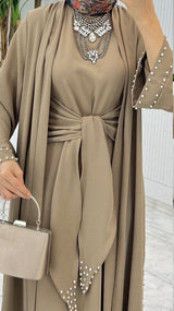 Pearl Tie Abaya Set (Taupe)