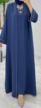 Pearl Tie Abaya Set (Dusky Blue)