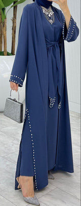 Pearl Tie Abaya Set (Dusky Blue)