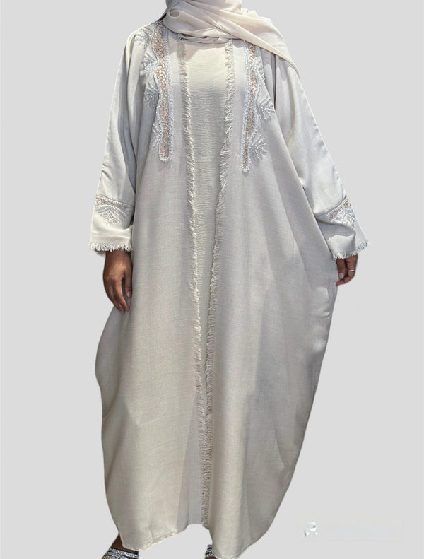 Linen Beaded 2Pc Abaya Set-Beige