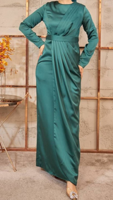 Chic Satin Draped Dress (Emerald)