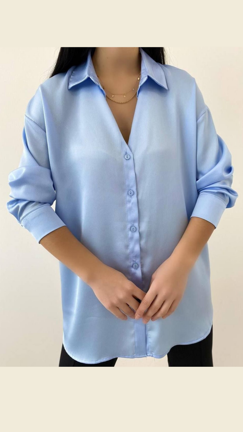 Sky Blue Button-Front Satin Top