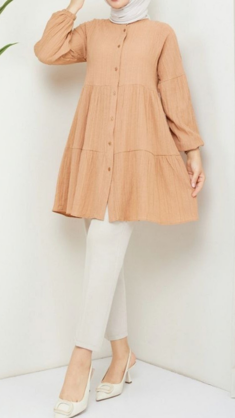 Button Front Frill Tunic (Tan)