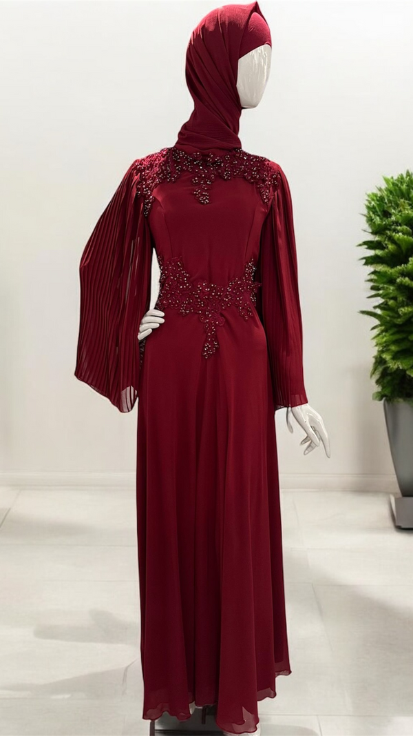 Embellished Chiffon Party Dress-Crimson