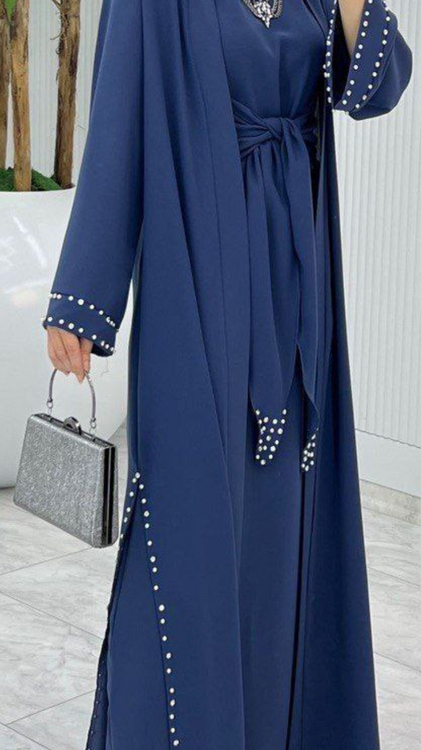 Pearl Tie Abaya Set (Dusky Blue)