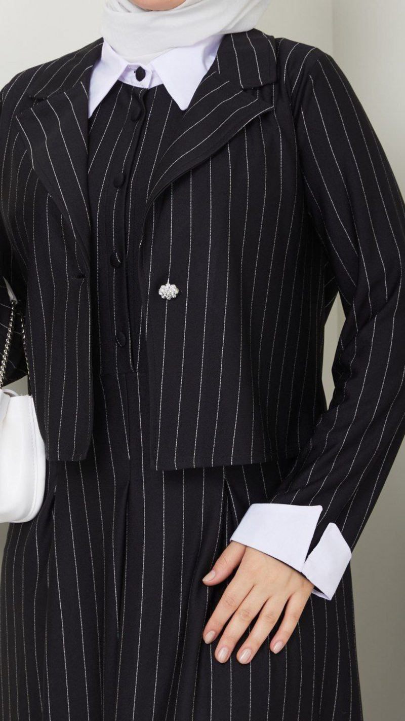 Elegant Pinstripe Dress w Blazer (Black)