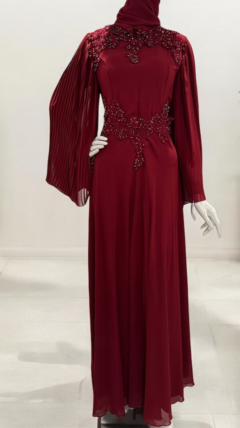 Embellished Chiffon Party Dress-Crimson