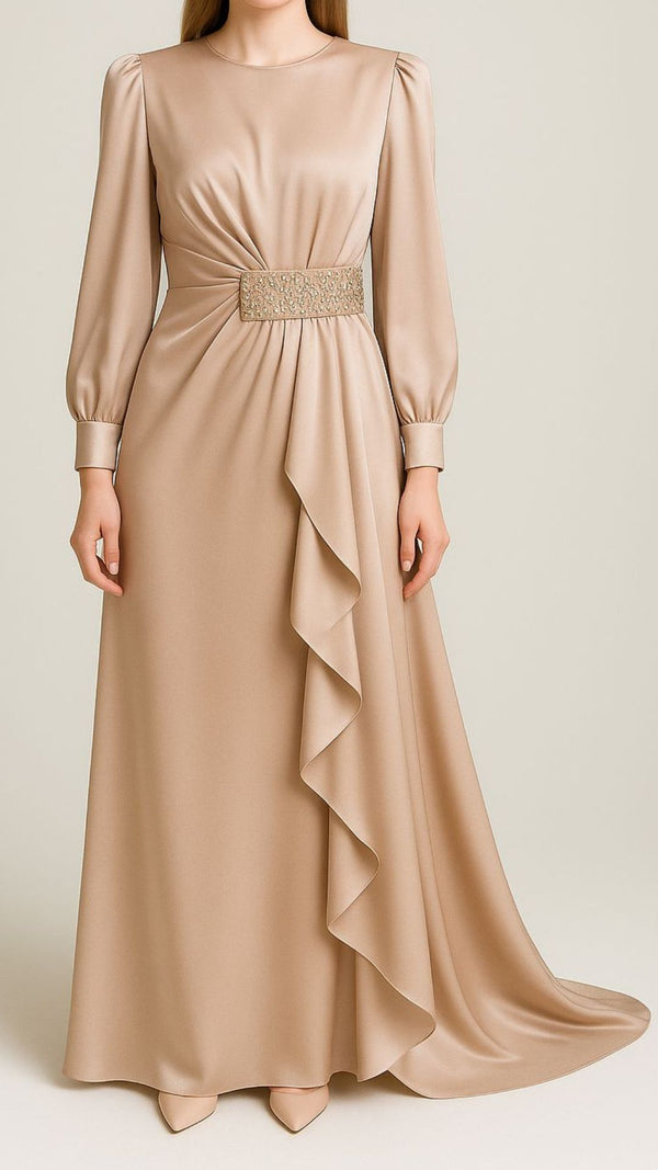 Anaya-Beige Satin Party Gown
