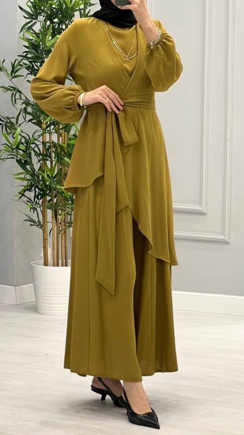 Stylish Top & Wide Pants Set (Mustard Green)