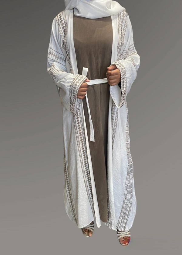 Embroidery Abaya Set - Brown/White