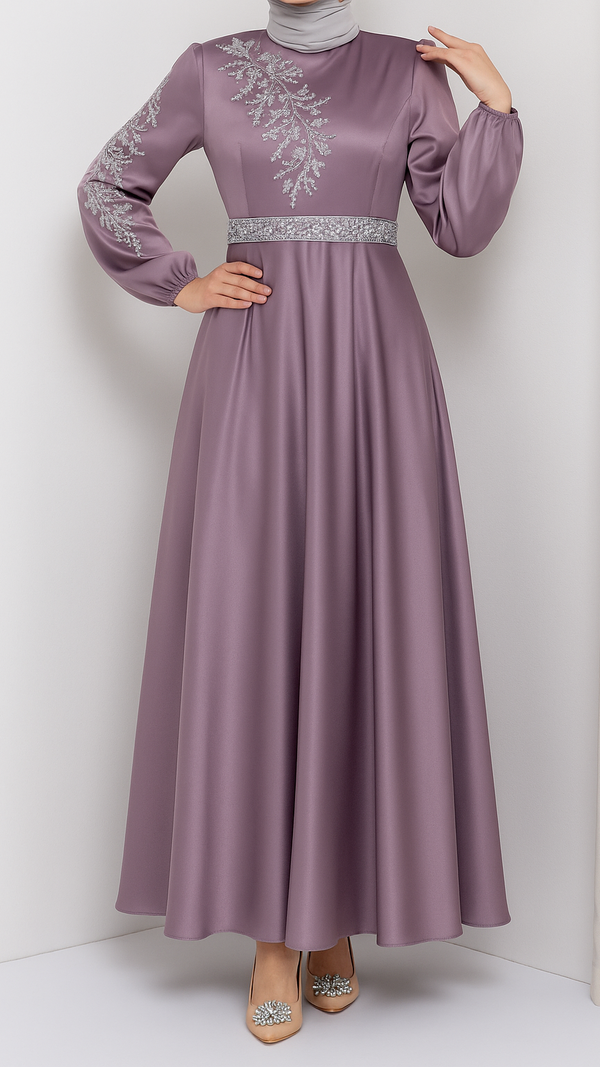 Embellished Satin Dress (Dusky Mauve)