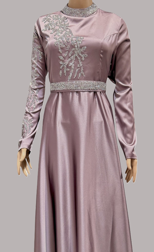 Embellished Satin Dress (Dusky Mauve)