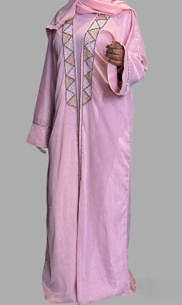 Shimmer Beaded 2Pc Abaya-Pink