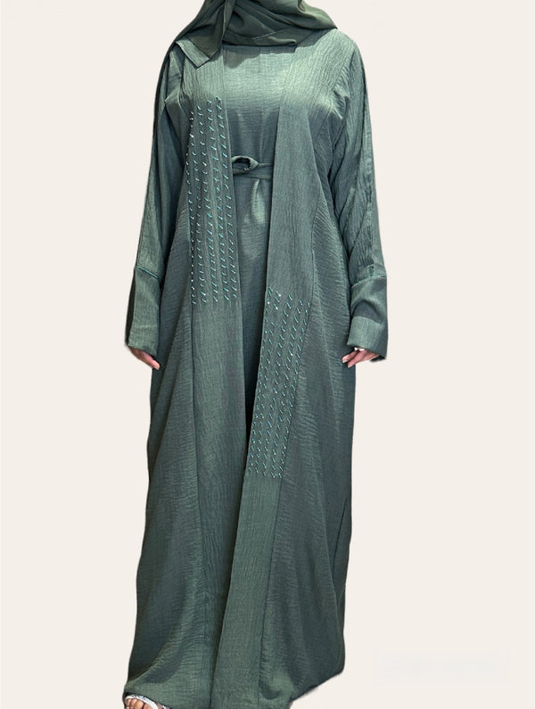 Linen Beaded 2Pc Abaya Set-Moss Green