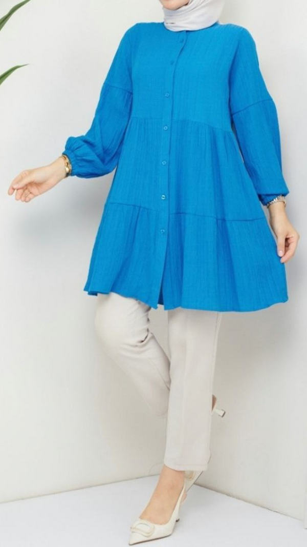 Button Front Frill Tunic (Blue)