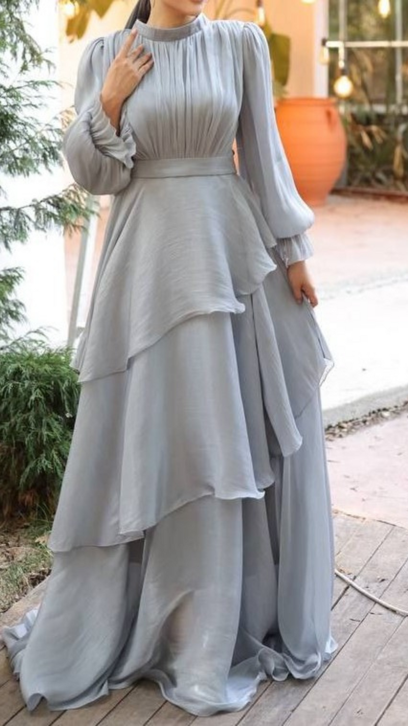 Shimmer Silk Ruffle Gown (Silver Grey)