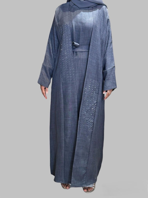 Linen Beaded 2Pc Abaya Set-Cadet Blue