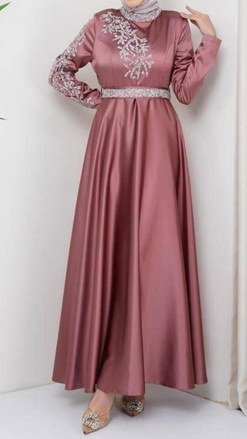 Embellished Satin Dress (Dusky Pink)