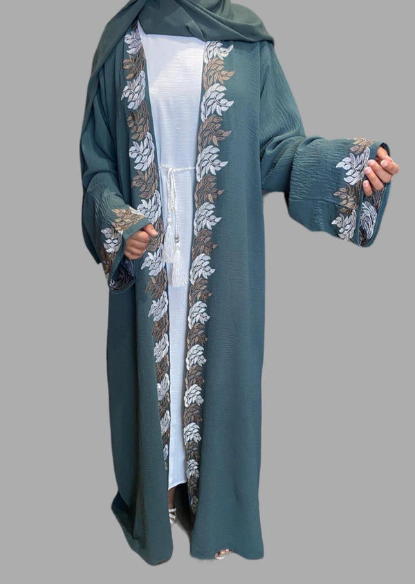 Green/White Embroidery Abaya Set