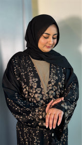 Black/Taupe Blossom Abaya Set-UAE