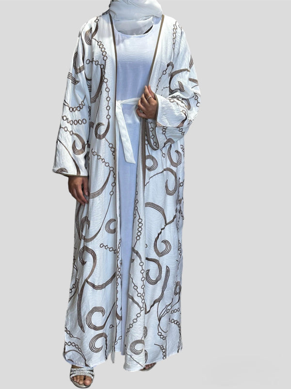 Embroidery Abaya Set - White/Taupe