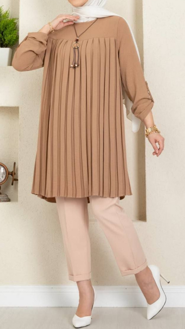 Crepe Chiffon Pleated Top (Taupe)