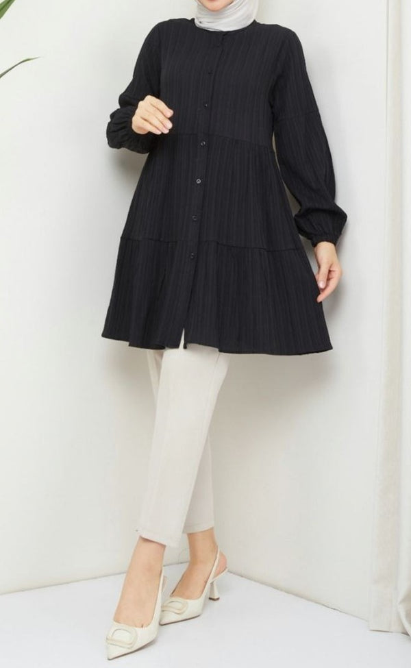 Button Front Frill Tunic (Black)