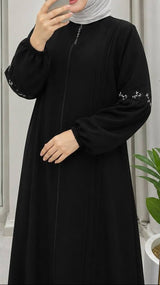 Pleated Zipper Abaya -Black