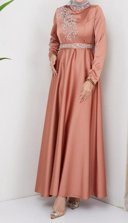 Embellished Satin Dress (Blush Peach)