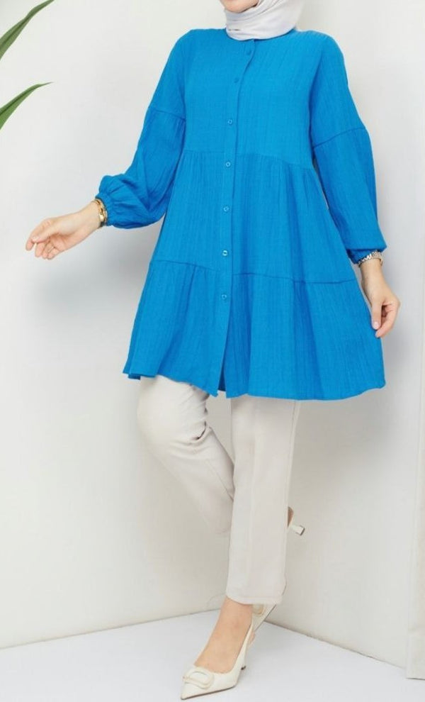 Button Front Frill Tunic (Blue)