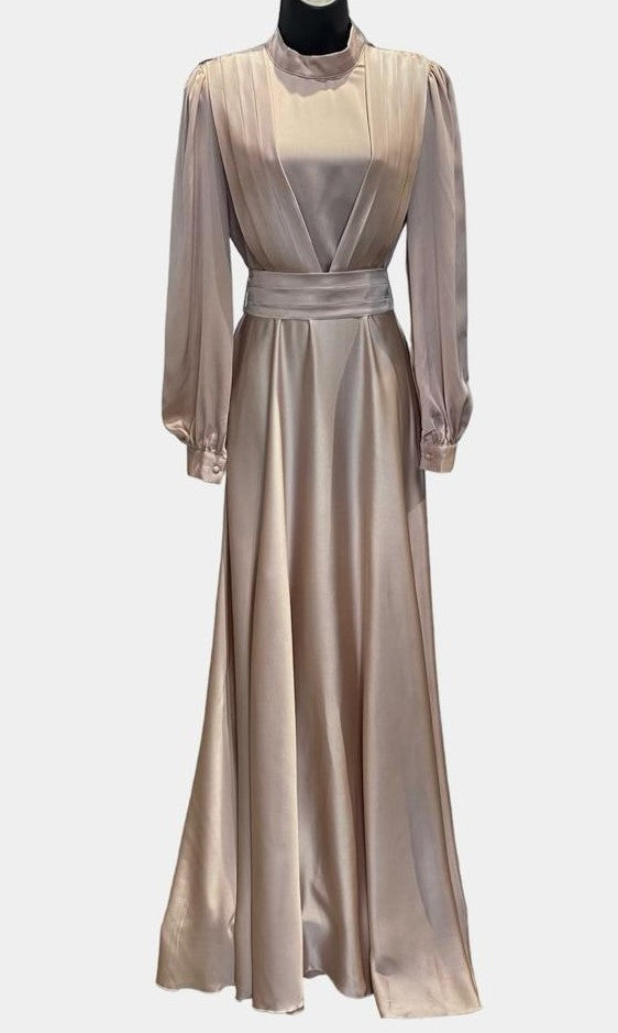 Pleated Front Satin Gown (Blush Gold)