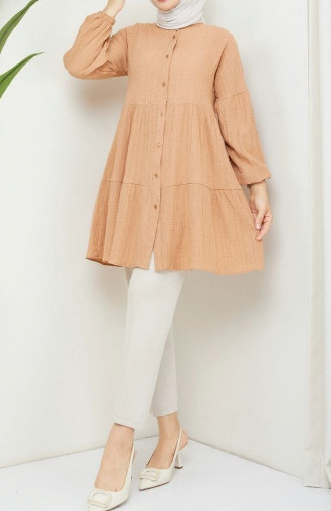 Button Front Frill Tunic (Tan)