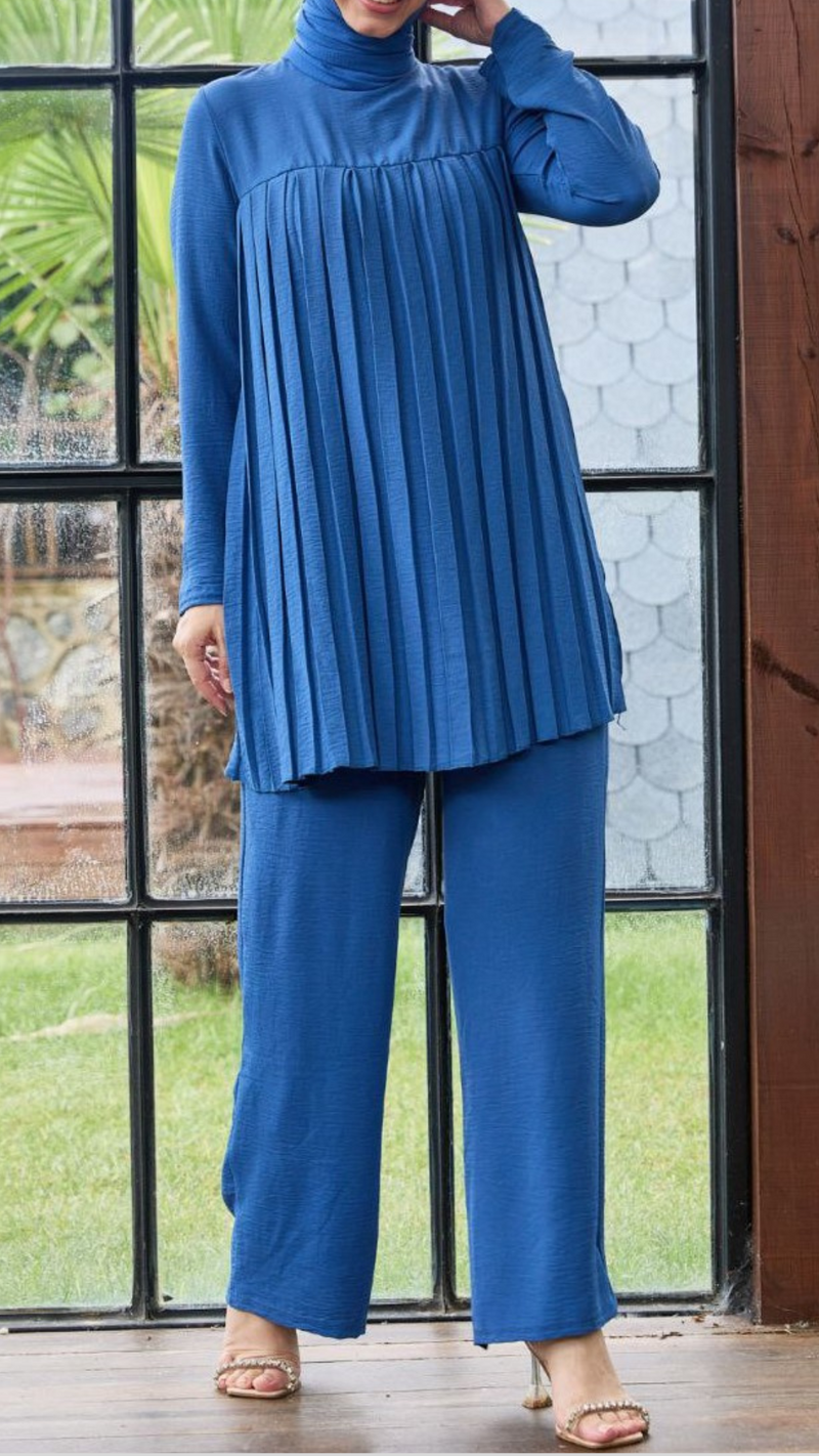 Crepe Chiffon Pleated Tunic Set (Blue)