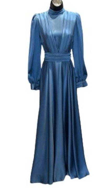 Pleated Front Satin Gown (Azure Blue)