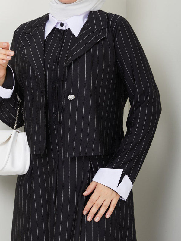 Elegant Pinstripe Dress w Blazer (Black)