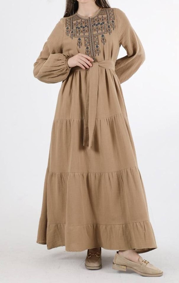 Front Embroidery Cotton Maxi (Tan)