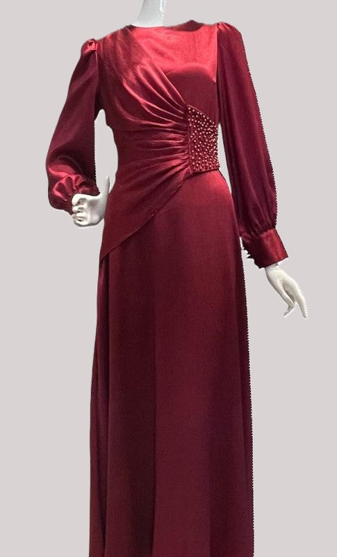 Crinkle Satin Beaded Gown (Crimson)
