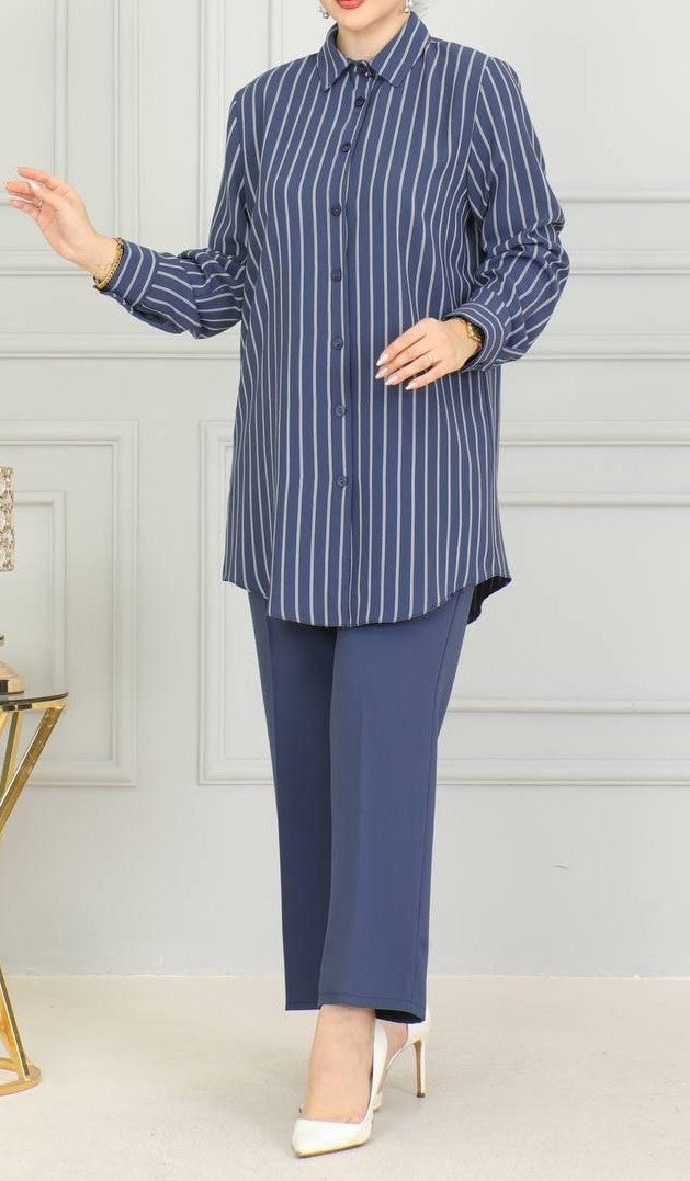 Chic Striped Tunic Set (Azure Blue)